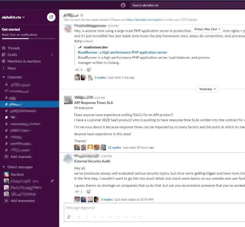 Members talking in the alphalist Slack workspace